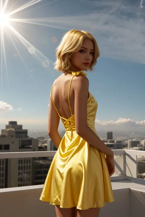 (Cinematic SHot:1.4) Tower13_Seiyong  (bleach blonde, skinny, slim, slender, narrow waist:1.3) (On the Terrasse of a Los Angeles Penthouse:1.4) BREAK (Yellow Satin Summerdress:1.3)   <lora:exposure_control_v10:-0.1> <lora:more_details:0.3> (volumetric smoke and lens flares and backlight:1.4) (eyeliner, lipstick)