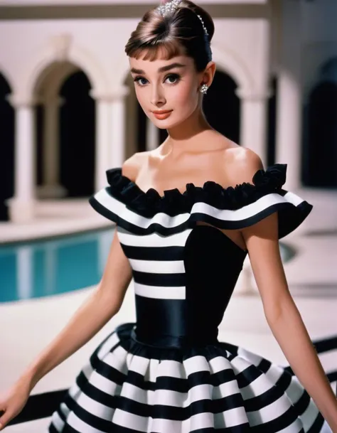 (masterpiece, best quality, hyper realistic, raw photo, ultra detailed, extremely detailed, intricately detailed), (photorealistic:1.4), (photography of Audrey Hepburn wearing a fashionable Striped off-the-shoulder ruffle hem dress, designed by Hubert de Givenchy), (smile), fairy, pure, innocent, beauty, (slender), super model, adr, <lora:adr_AudreyHepburn_SDXL-LoRA-prodigy-clip1-v01:0.9>, Breakfast at Tiffany's, Sabrina, (glide_fashion), <lora:Glide_fashion_sdxl:0.8>, depth of field, (full shot), film grain, zeiss lens, symmetrical, 8k resolution, octane render, extremely high-resolution details, fine texture, dynamic angle,