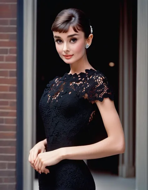 (masterpiece, best quality, hyper realistic, raw photo, ultra detailed, extremely detailed, intricately detailed), (photorealistic:1.4), (photography of Audrey Hepburn wearing a fashionable Boho crochet lace mini dress, designed by Hubert de Givenchy), (smile), fairy, pure, innocent, beauty, (slender), super model, adr, <lora:adr_AudreyHepburn_SDXL-LoRA-prodigy-clip1-v01:0.9>, Breakfast at Tiffany's, Sabrina, (glide_fashion), <lora:Glide_fashion_sdxl:0.8>, depth of field, (full shot), film grain, zeiss lens, symmetrical, 8k resolution, octane render, extremely high-resolution details, fine texture, dynamic angle,