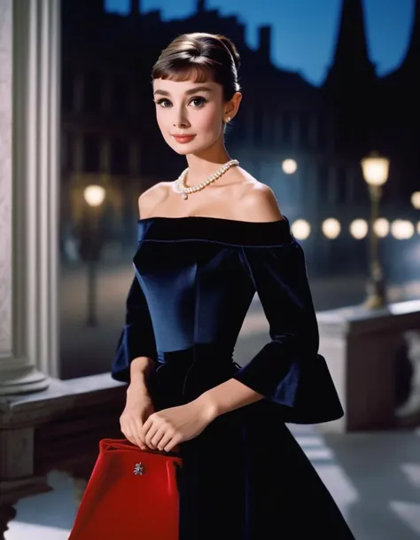 (masterpiece, best quality, hyper realistic, raw photo, ultra detailed, extremely detailed, intricately detailed), (photorealistic:1.4), (photography of Audrey Hepburn wearing a fashionable Velvet off-the-shoulder A-line dress with bell sleeves, designed by Hubert de Givenchy), (smile), fairy, pure, innocent, beauty, (slender), super model, adr, <lora:adr_AudreyHepburn_SDXL-LoRA-prodigy-clip1-v01:0.9>, Breakfast at Tiffany's, Sabrina, (glide_fashion), <lora:Glide_fashion_sdxl:0.8>, depth of field, (full shot), film grain, zeiss lens, symmetrical, 8k resolution, octane render, extremely high-resolution details, fine texture, dynamic angle,