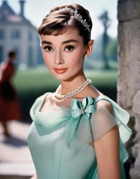 (masterpiece, best quality, hyper realistic, raw photo, ultra detailed, extremely detailed, intricately detailed), (photorealistic:1.4), (photography of Audrey Hepburn wearing a fashionable Tiered chiffon dress, designed by Hubert de Givenchy), (smile), fairy, pure, innocent, beauty, (slender), super model, adr, <lora:adr_AudreyHepburn_SDXL-LoRA-prodigy-clip1-v01:0.9>, Breakfast at Tiffany's, Sabrina, (glide_fashion), <lora:Glide_fashion_sdxl:0.8>, depth of field, (full shot), film grain, zeiss lens, symmetrical, 8k resolution, octane render, extremely high-resolution details, fine texture, dynamic angle,