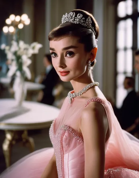 (masterpiece, best quality, hyper realistic, raw photo, ultra detailed, extremely detailed, intricately detailed), (photorealistic:1.4), (photography of Audrey Hepburn wearing a fashionable Tulle ball gown, designed by Hubert de Givenchy), (smile), fairy, pure, innocent, beauty, (slender), super model, adr, <lora:adr_AudreyHepburn_SDXL-LoRA-prodigy-clip1-v01:0.9>, Breakfast at Tiffany's, Sabrina, (glide_fashion), <lora:Glide_fashion_sdxl:0.8>, depth of field, (full shot), film grain, zeiss lens, symmetrical, 8k resolution, octane render, extremely high-resolution details, fine texture, dynamic angle,