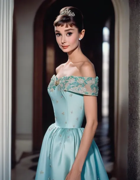 (masterpiece, best quality, hyper realistic, raw photo, ultra detailed, extremely detailed, intricately detailed), (photorealistic:1.4), (photography of Audrey Hepburn wearing a fashionable Boho embroidered off-the-shoulder maxi dress, designed by Hubert de Givenchy), (smile), fairy, pure, innocent, beauty, (slender), super model, adr, <lora:adr_AudreyHepburn_SDXL-LoRA-prodigy-clip1-v01:0.9>, Breakfast at Tiffany's, Sabrina, (glide_fashion), <lora:Glide_fashion_sdxl:0.8>, depth of field, (full shot), film grain, zeiss lens, symmetrical, 8k resolution, octane render, extremely high-resolution details, fine texture, dynamic angle,