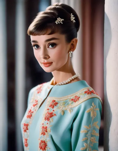 (masterpiece, best quality, hyper realistic, raw photo, ultra detailed, extremely detailed, intricately detailed), (photorealistic:1.4), (photography of Audrey Hepburn wearing a fashionable Embroidered boho tunic dress, designed by Hubert de Givenchy), (smile), fairy, pure, innocent, beauty, (slender), super model, adr, <lora:adr_AudreyHepburn_SDXL-LoRA-prodigy-clip1-v01:0.9>, Breakfast at Tiffany's, Sabrina, (glide_fashion), <lora:Glide_fashion_sdxl:0.8>, depth of field, (full shot), film grain, zeiss lens, symmetrical, 8k resolution, octane render, extremely high-resolution details, fine texture, dynamic angle,