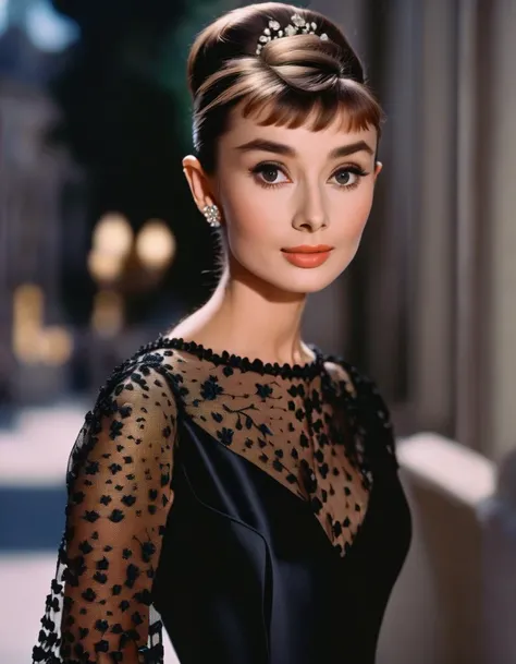 (masterpiece, best quality, hyper realistic, raw photo, ultra detailed, extremely detailed, intricately detailed), (photorealistic:1.4), (photography of Audrey Hepburn wearing a fashionable Embroidered mesh maxi dress with bell sleeves, designed by Hubert de Givenchy), (smile), fairy, pure, innocent, beauty, (slender), super model, adr, <lora:adr_AudreyHepburn_SDXL-LoRA-prodigy-clip1-v01:0.9>, Breakfast at Tiffany's, Sabrina, (glide_fashion), <lora:Glide_fashion_sdxl:0.8>, depth of field, (full shot), film grain, zeiss lens, symmetrical, 8k resolution, octane render, extremely high-resolution details, fine texture, dynamic angle,