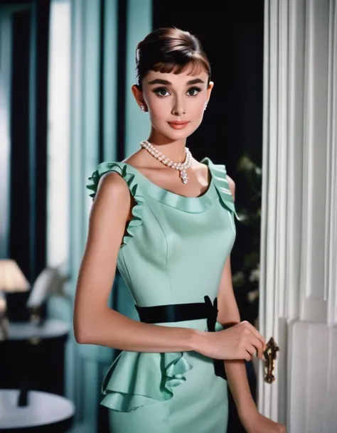 (masterpiece, best quality, hyper realistic, raw photo, ultra detailed, extremely detailed, intricately detailed), (photorealistic:1.4), (photography of Audrey Hepburn wearing a fashionable Sheath dress with ruffle detailing, designed by Hubert de Givenchy), (smile), fairy, pure, innocent, beauty, (slender), super model, adr, <lora:adr_AudreyHepburn_SDXL-LoRA-prodigy-clip1-v01:0.9>, Breakfast at Tiffany's, Sabrina, (glide_fashion), <lora:Glide_fashion_sdxl:0.8>, depth of field, (full shot), film grain, zeiss lens, symmetrical, 8k resolution, octane render, extremely high-resolution details, fine texture, dynamic angle,