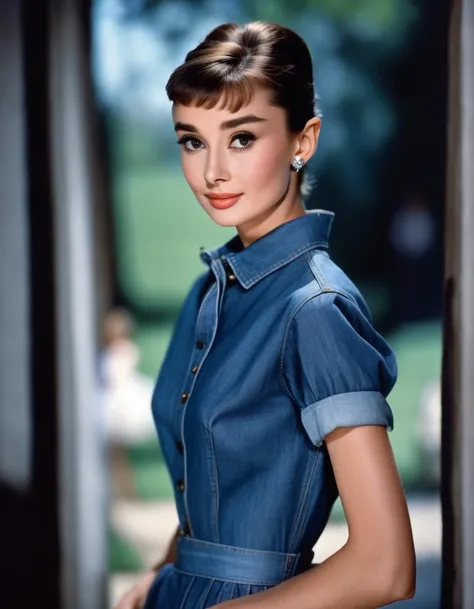 (masterpiece, best quality, hyper realistic, raw photo, ultra detailed, extremely detailed, intricately detailed), (photorealistic:1.4), (photography of Audrey Hepburn wearing a fashionable Denim shirt dress, designed by Hubert de Givenchy), (smile), fairy, pure, innocent, beauty, (slender), super model, adr, <lora:adr_AudreyHepburn_SDXL-LoRA-prodigy-clip1-v01:0.9>, Breakfast at Tiffany's, Sabrina, (glide_fashion), <lora:Glide_fashion_sdxl:0.8>, depth of field, (full shot), film grain, zeiss lens, symmetrical, 8k resolution, octane render, extremely high-resolution details, fine texture, dynamic angle,
