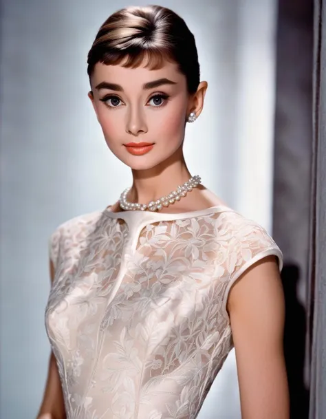 Gorgeous lady Audrey Hepburn, small breasts, beautiful Audrey Hepburn, Audrey Hepburn in a standing pose, (full body angle), portrait of Audrey Hepburn, barefoot, high cheekbones, beautiful face!! !!, very beautiful face, beautiful and delicate face, anatomy, studio, photo, camera, in color