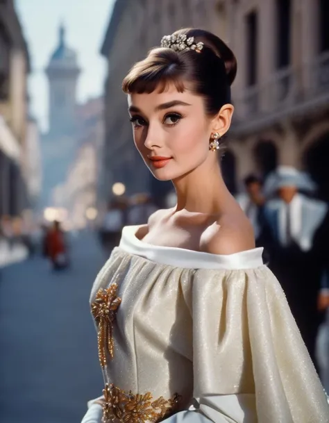 (masterpiece, best quality, hyper realistic, raw photo, ultra detailed, extremely detailed, intricately detailed), (photorealistic:1.4), (photography of Audrey Hepburn wearing a fashionable Bohemian off-the-shoulder dress, designed by Hubert de Givenchy), (smile), fairy, pure, innocent, beauty, (slender), super model, adr, <lora:adr_AudreyHepburn_SDXL-LoRA-prodigy-clip1-v01:0.9>, Breakfast at Tiffany's, Sabrina, (glide_fashion), <lora:Glide_fashion_sdxl:0.8>, depth of field, (full shot), film grain, zeiss lens, symmetrical, 8k resolution, octane render, extremely high-resolution details, fine texture, dynamic angle,