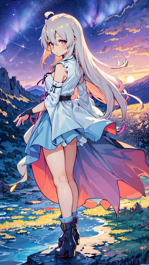 1girl, , full body, above clouds, asymmetrical legwear, aurora, grass, belt, ahoge, white hair, standing, cape, cloud, cloudy sky, constellation, crescent moon, spreading fingers, water, water ball, water magic, flowing water, forest, blue dress, moon, earth \(planet\), stream, evening, steam, splashing,fluttered detailed splashs fingerless gloves, galaxy, gloves, gradient sky, horizon, light particles, milky way, mountain, mountainous horizon, night, night sky, blue sky, outdoors, planet, purple sky, dark sky, shooting star, shore, long hair, white hair, single thighhigh, sky, skyline, solo, space, star \(sky\), star \(symbol\), starry background, starry sky, starry sky print, moon, moonrise, moonset, telescope, thighhighs,uneven legwear, (looking at camera)
<lora:onimaiMahiro_v10:1>