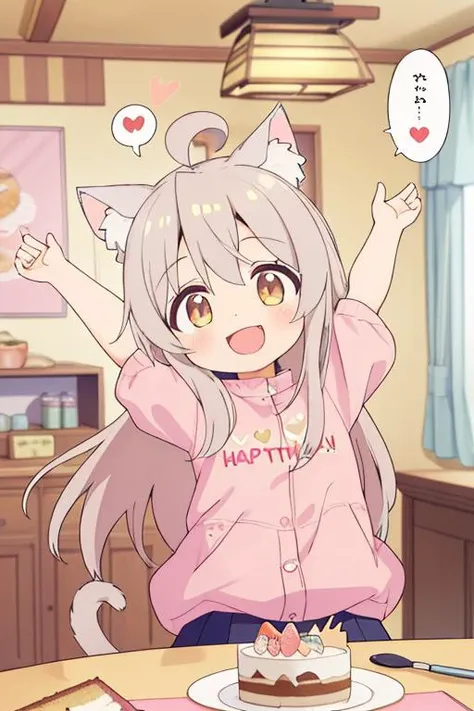 ultra-detailed,masterpiece,best quality,1girl,ite,comic style,open arms for viewer,shiny eyes,smile,gray long hair, ahoge,oyama mahiro,happy birthday,cake,foods,text,spoken heart,decorated room,table,present box,<lora:onimai:0.7>cat ear
