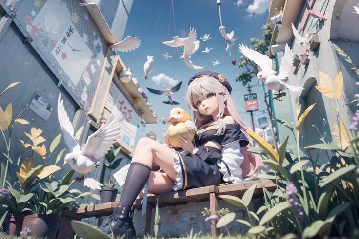 bird, dove, seagull, animal, crow, 1girl, feathers, bird_on_hand, plant, hat, kneehighs, parrot, solo, beret, bare_shoulders, off-shoulder_shirt, white_feathers, black_headwear, long_hair, hair_ornament, off_shoulder, outdoors, bird_on_head, extremely beautiful face, Random hairstyle,Random expression, big eyes, lower abdomen,<lora:onimai_mahiro:1>, (ahoge), masterpiece, highres, original, extremely detailed wallpaper, perfect lighting, bangs, extremely detailed cg unity 8k wallpaper, cute, extremely detailed, an extremely delicate and beautiful, professional lighting, detailed facial features, detailed clothes features, chibi, light smlie, blush stickers, <lora:blindbox_v1_mix:1>