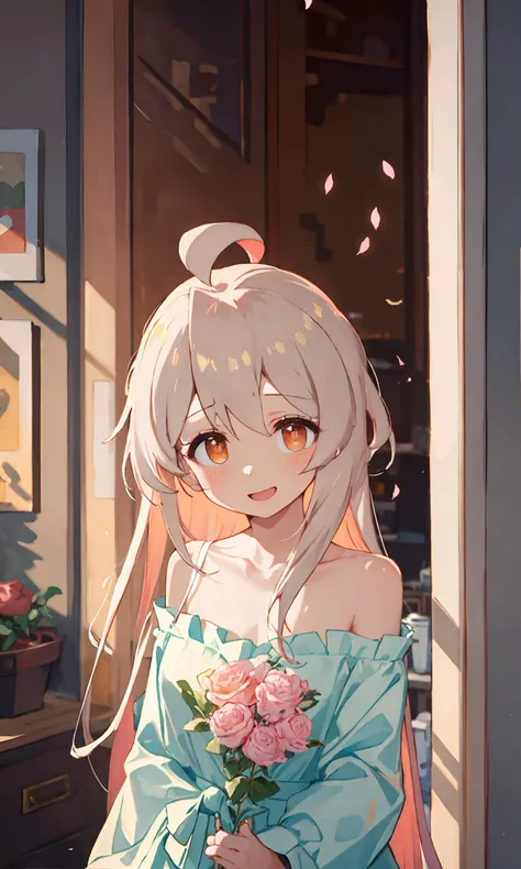 <lora:onimai:0.9>, Natural Volumetric Lighting And Best Shadows, Deep Depth Of Field, Sharp Focus, Portrait Of Stunningly Beautiful Girl, Soft Delicate Beautiful Attractive Face With Alluring Brown-Orange Eyes, Voluminous Mascara, Sharp Eyeliner, Open Mouth, Windswept Disheveled White Hair, Ahoge, Thick Layered Absurdly Long Hairstyles, Blush Eyeshadow With Thick Eyelashes, Parted Lips, Dramatic, Raytracing, Picturesque, Brilliant Colorful Paintings,
ultra wide-angle lens,
epic graphics, dazzling and realistic light, high-quality top-notch painting, wide perspective, sharp and rich details, comfortable illustrations in the neighborhood, unparalleled wallpapers, warm spotlights, cinematic shadows, Highest Quality, Amazing Details
wearing a gorgeous dress, party gown, long hair and some bangs, decorative hairbands, collarbone, flowers and petals, exhaust fan, rose, abstract,
embarrassing smile, window wall, neon light, modern design,