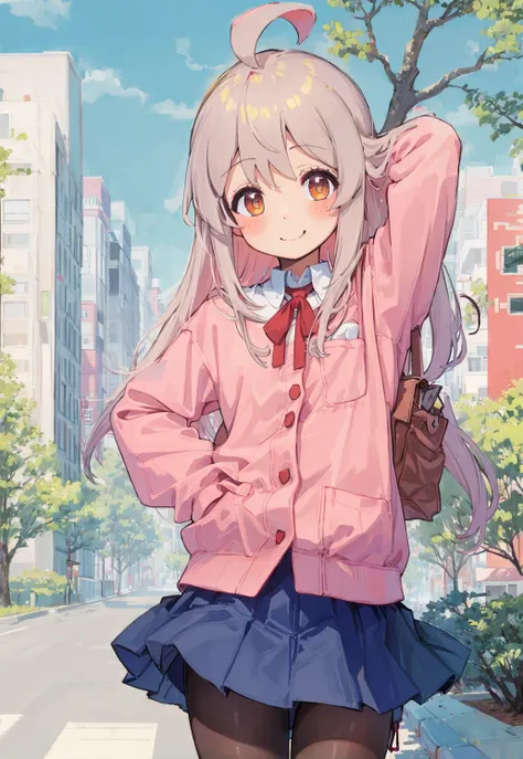 1girl, cowboy shot, straight-on, arm behind head, hand behind head, arm up, hand in pocket, standing, bangs, looking at viewer, ahoge, long hair, blush, (school uniform), blue shirt, layered skirt, blue skirt, miniskirt, red ribbon, long sleeves,pantyhose, brown uwabaki, light smile, solo, bare tree, building, city, cityscape, day, outdoors, skyscraper, street, tokyo \(city\), tree