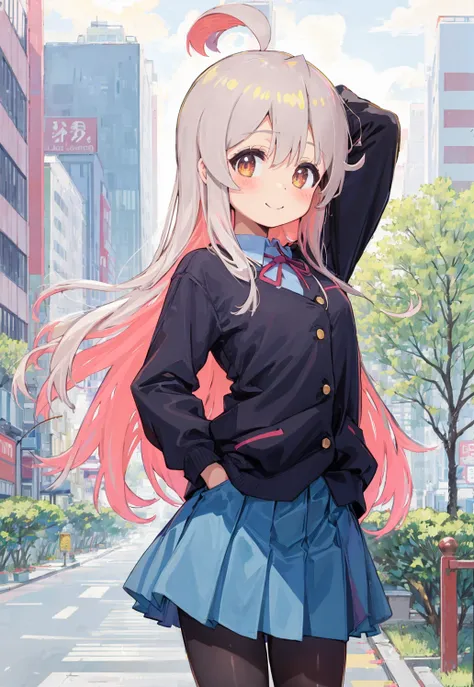 1girl, cowboy shot, straight-on, arm behind head, hand behind head, arm up, hand in pocket, standing, bangs, looking at viewer, ahoge, long hair, blush, (school uniform), blue shirt, layered skirt, blue skirt, miniskirt, red ribbon, long sleeves,pantyhose, brown uwabaki, light smile, solo, bare tree, building, city, cityscape, day, outdoors,  skyscraper, street, tokyo \(city\), tree