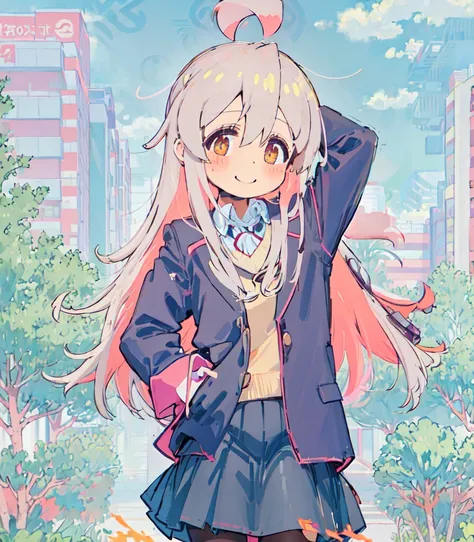 1girl, cowboy shot, straight-on, arm behind head, hand behind head, arm up, hand in pocket, standing, bangs, looking at viewer, ahoge, long hair, blush, (school uniform), blue shirt, layered skirt, blue skirt, (long skirt: 1.1), red ribbon, long sleeves, white legwear, pantyhose, brown uwabaki, light smile, solo, bare tree, building, city, cityscape, day, outdoors, skyscraper, street, tokyo \(city\), tree
