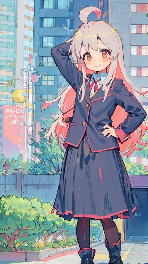 1girl, full body, straight-on, arm behind head, hand behind head, arm up, standing, bangs, looking at viewer, ahoge, long hair, blush, (school uniform), blue shirt, layered skirt, blue skirt, (long skirt: 1.1), red ribbon, long sleeves, white legwear, pantyhose, brown uwabaki, light smile, solo, bare tree, building, city, cityscape, day, outdoors, skyscraper, street, tokyo \(city\), tree