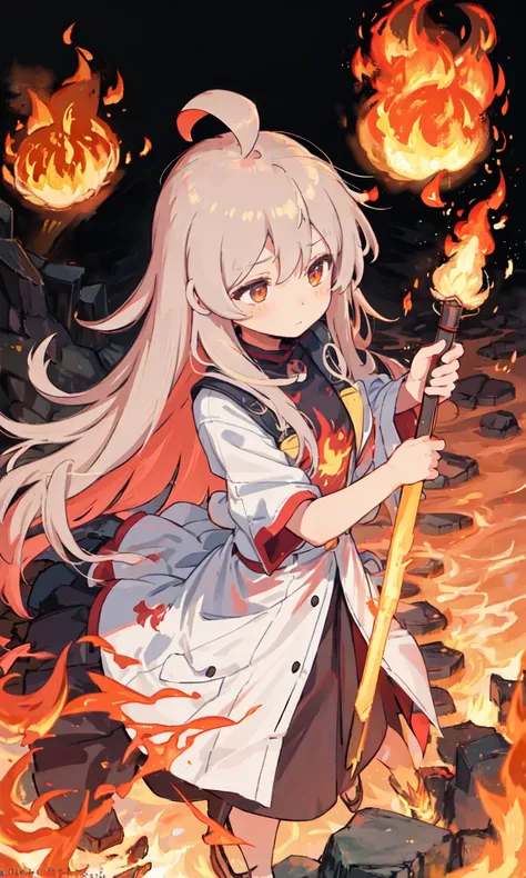 1girl, bangs, breathing fire, burning, burnt clothes, embers, ahoge, beige hair, multicolored hair, fire, flame, flaming sword, (hand on hilt), standing, long hair, pyrokinesis, expressionless, smoke, flower\(symbol\), solo, sparks, sunset, twilight, white flower, molten rock, lily \(flower\), fiery flower, depth of field, burning ,
