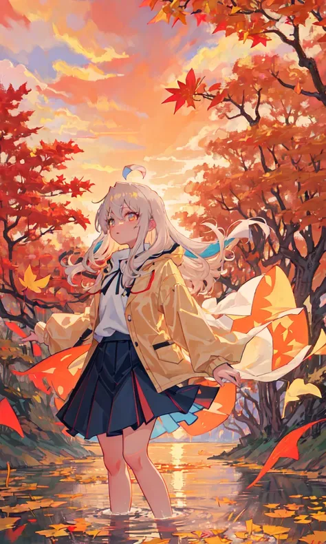 1girl, face focus , floating hair, headband, ahoge, beige hair, multicolored hair, long hair,  glowing eyes, detailed face, standing, standing on liquid,  cloud, autumn, autumn leaves, floating clothes, light blue coat, yellow shirt, miniskirt, dusk, embers, evening, falling leaves, ginkgo leaf, gradient sky, leaves in wind, long sleeves, maple leaf,  nature, stream, orange sky, orange theme, outdoors, pyrokinesis, red sky, reflection, ripples, scenery, sky, solo, sun, sunset, tree, twilight, water, waterfall, wind