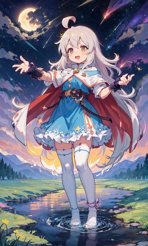 1girl, infant girl, full body, above clouds, asymmetrical legwear, aurora, grass, belt, ahoge, white hair, standing, cape, cloud, cloudy sky, constellation, crescent moon, spreading fingers, water, water ball, water magic, flowing water, forest, blue dress, moon, earth \(planet\), stream, evening, steam, splashing,fluttered detailed splashs fingerless gloves, galaxy, gloves, gradient sky, horizon, light particles, milky way, mountain, mountainous horizon, night, night sky, blue sky, outdoors, planet, purple sky, dark sky, shooting star, shore, long hair, white hair, single thighhigh, sky, skyline, solo, space, star \(sky\), star \(symbol\), starry background, starry sky, starry sky print, moon, moonrise, moonset, telescope, thighhighs,uneven legwear