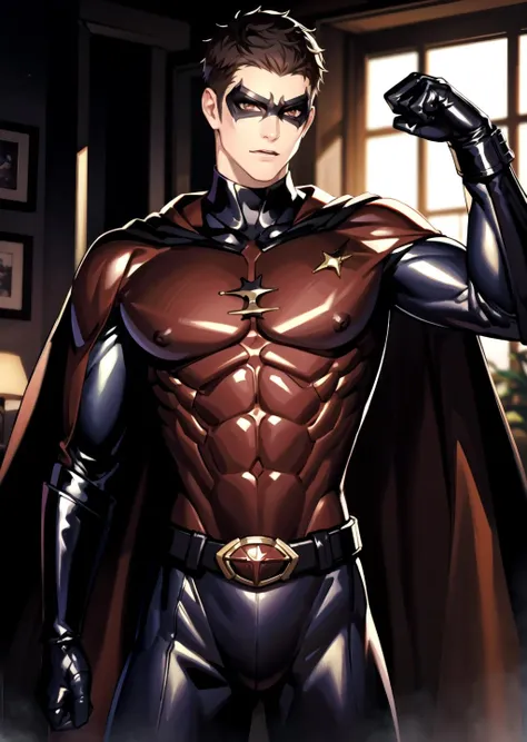 ((best quality)), ((masterpiece)), ((realistic)), (detailed)
muscular boy, narrow waist,  Slim waist, shiny latex bodysuit, gloves,  
1 boy, 
bulgej8, bara, brown eyes, arm up, stand, (versus), robin, black crotch, red cape, gloves, Cape, mask2, muscled outfit black, br, nipples, black belt, brown hair, short hair, gloves, <lora:Robin:1> ((mask))