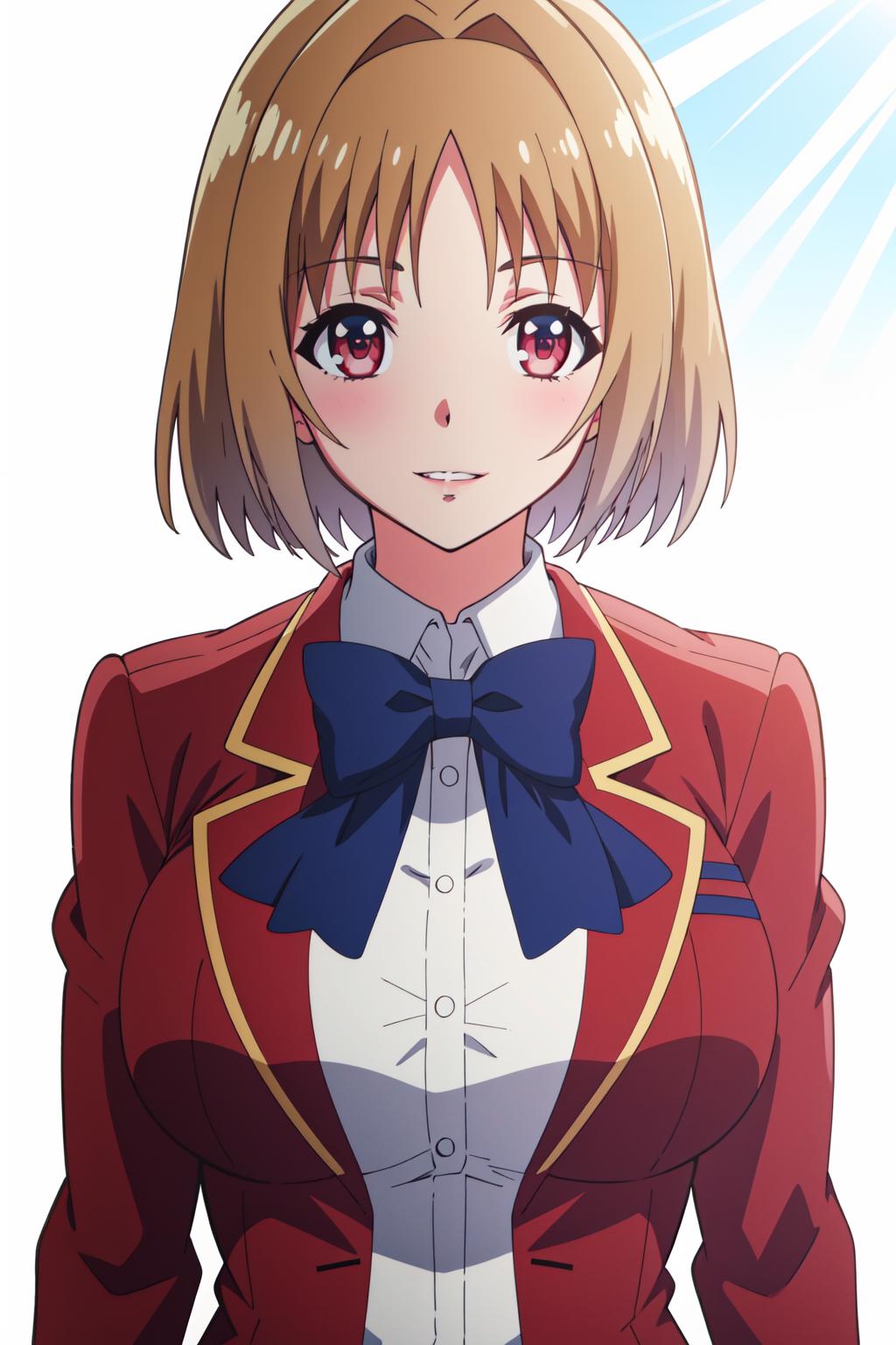 Anime girl with blonde hair wearing a red jacket and bow tie - SeaArt AI
