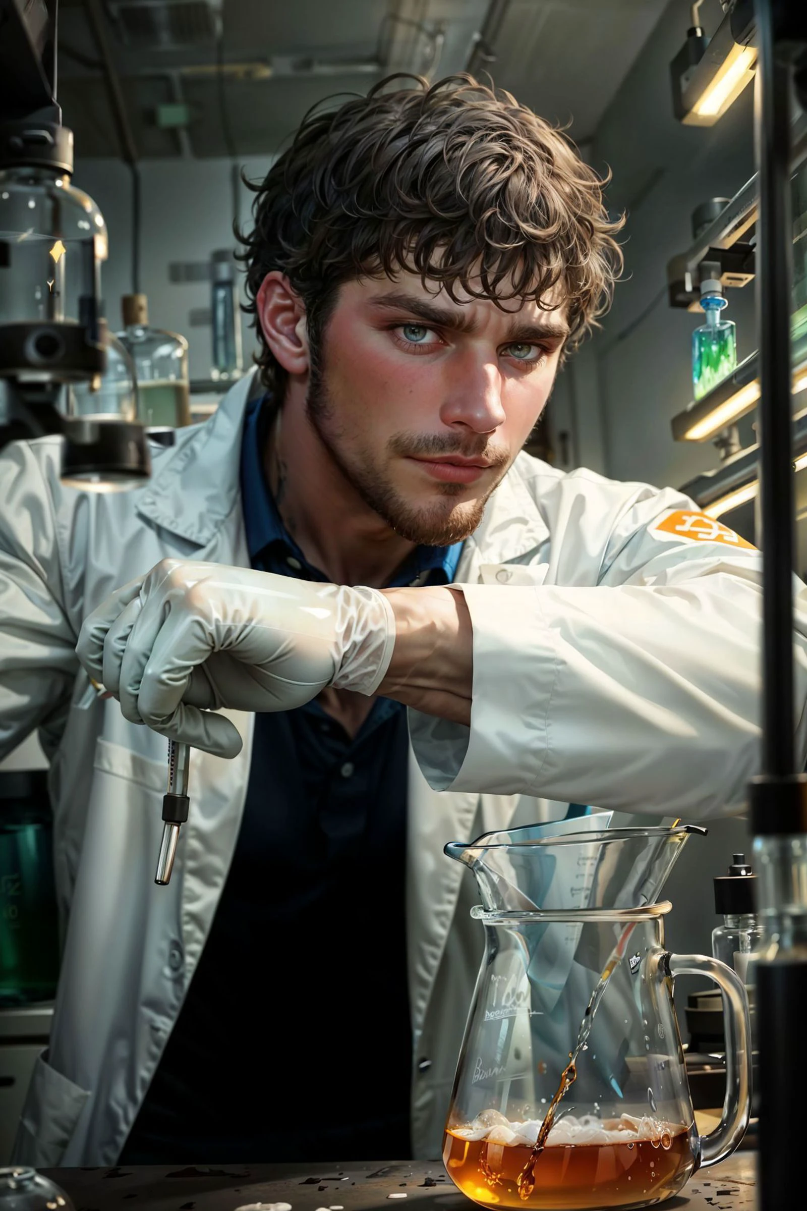 cowboy shot, sc_brandon as a scientist, biochemical laboratory, (wearing lab coat with long sleeves, polo shirt, white latex gloves), scruffy, messy hair, (still from a movie), dramatic, atmospheric, cinematic, (looking away), beakers and laboratory equipments, white sterile environment,
(masterpiece), top quality, photorealistic, hyperrealism, absurdres, tack sharp, subsurface scattering, 8k, HDR, 35mm, professional photography, RAW,
fcDetailPortrait <lora:sc_brandon_v1-rugged:1> <lora:beard_slider_v10:3> <lora:add_detail:0.3> <lora:zoom_slider_v1:0>