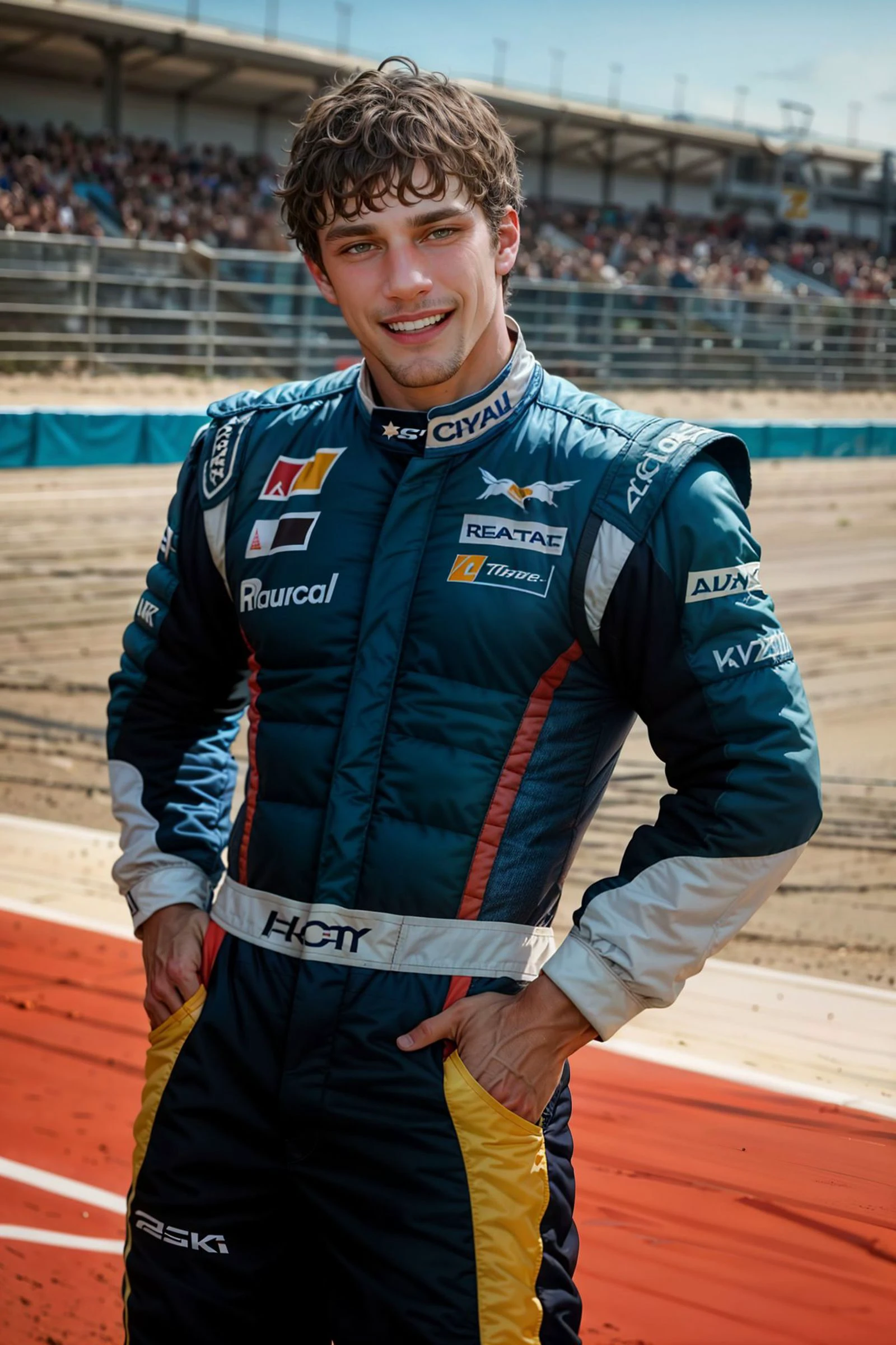 (from the front), cowboy shot, sc_brandon as a racer, formula one, (wearing racer attire), clean shaven, big smile, (still from a movie), cheerful, dramatic, atmospheric, cinematic, (looking away), racing car, race track,
(masterpiece), top quality, photorealistic, hyperrealism, absurdres, tack sharp, subsurface scattering, 8k, HDR, 35mm, professional photography, RAW,
<lora:sc_brandon_v1-rugged:1> <lora:beard_slider_v10:0> <lora:add_detail:0.3>