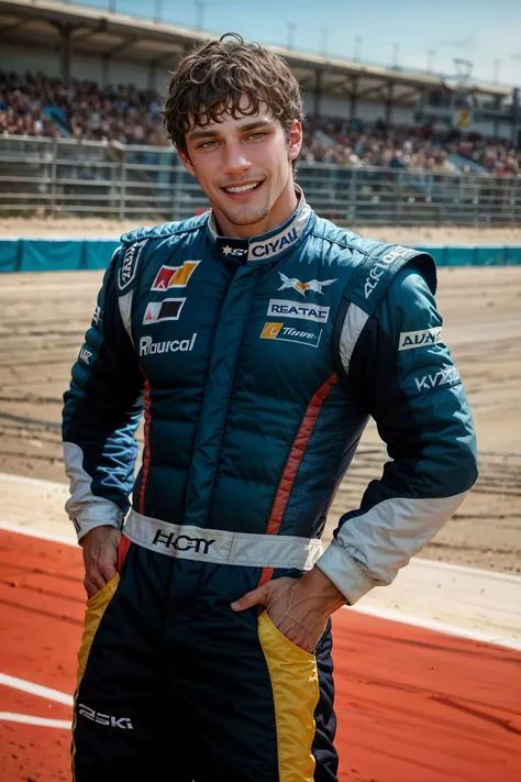 (from the front), cowboy shot, sc_brandon as a racer, formula one, (wearing racer attire), clean shaven, big smile, (still from a movie), cheerful, dramatic, atmospheric, cinematic, (looking away), racing car, race track, 
(masterpiece), top quality, photorealistic, hyperrealism, absurdres, tack sharp, subsurface scattering, 8k, HDR, 35mm, professional photography, RAW,
<lora:sc_brandon_v1-rugged:1> <lora:beard_slider_v10:0> <lora:add_detail:0.3>