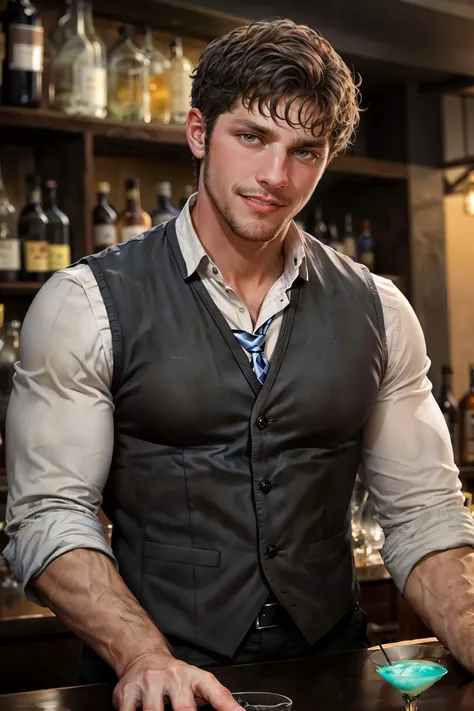 cowboy shot, sc_brandon as a bartender, high class bar, standing, shaking a drink, (wearing gray vest, tie, long sleeve shirt), goatee, smile, clean cut hair, (still from a movie), dramatic, atmospheric, cinematic, (looking away), drinking glass and alcohol bottles,
(masterpiece), top quality, photorealistic, hyperrealism, absurdres, tack sharp, subsurface scattering, 8k, HDR, 35mm, professional photography, RAW,
fcDetailPortrait <lora:sc_brandon_v1-rugged:1> <lora:beard_slider_v10:1.5> <lora:add_detail:0.3>