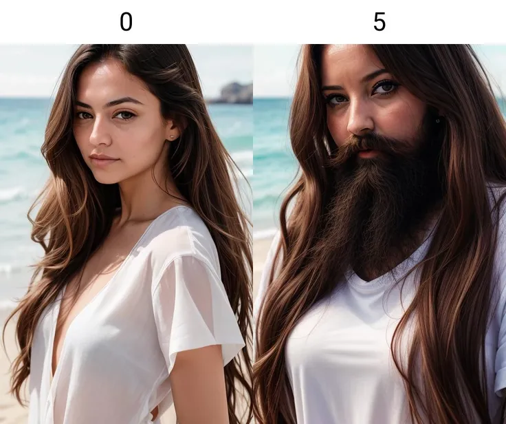 woman, long hair, in a beach<lora:beard_slider_v1:0>, portrait, white shirt, looking at viewer, high resolution, 8k