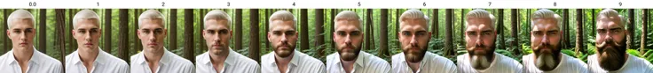 handsome white man in forest, portrait<lora:beard_slider_v10:0.0> , white shirt, buzzcut, white hair, beautiful eyes