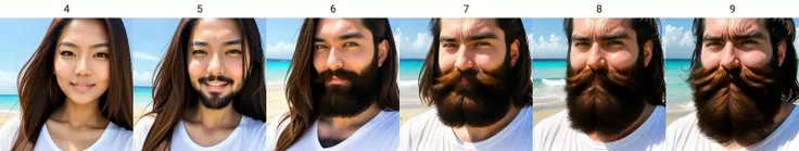 beautiful asian woman in beach, portrait<lora:beard_slider_v10:4> , white shirt, long hair, brown hair, beautiful eyes