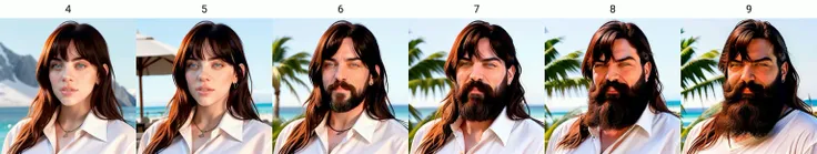 b1ll1331ll1sh in beach, portrait<lora:beard_slider_v10:4> , white shirt, long hair, brown hair, blue eyes