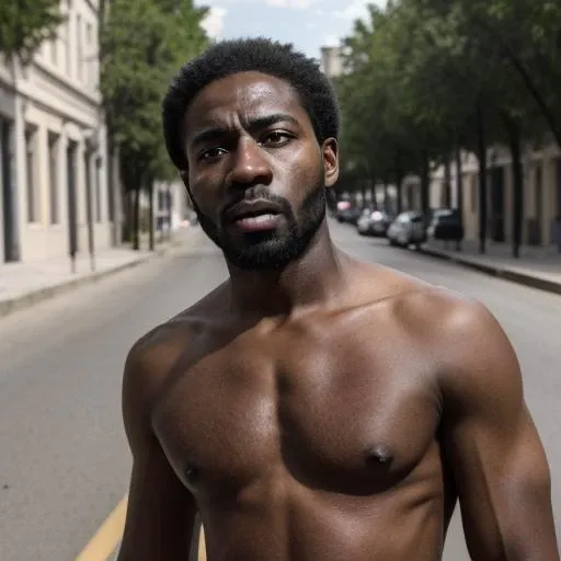 black man, topless <lora:lego_70steps: -0>, 8k, 4k, in a street, headshot, detailed background, 8k, 4k