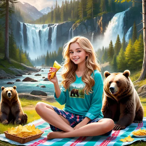 a pretty [12yo|14yo] girl, wavy long [gold blonde|ash blonde highlights|hazel] hair, [sea eyes|jasmine eyes|honey eyes], full body, forest with waterfall, eating chips, wearing a colourful pijama, sitting cross-legged on a picnic blanket, a grizzly bear steals the chips, hyper-detailed (realistic:2) photo, octane, diffused lighting