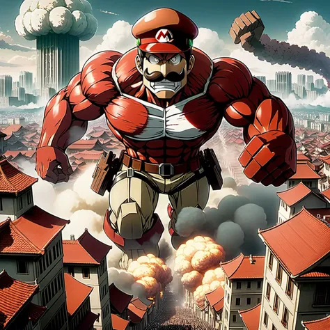 [colossus titan | Super Mario] destroying a city, wearing Mario's hat, moustaches , attack on titan anime, hyper-detailed anime masterpiece