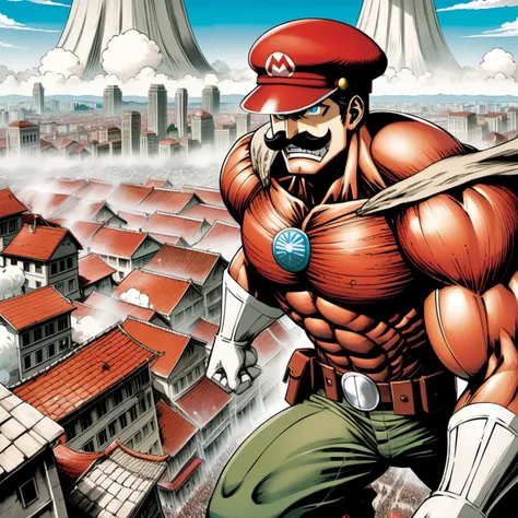 [colossus titan | Super Mario] destroying a city, wearing Mario's hat, moustaches , attack on titan manga, hyper-detailed manga masterpiece