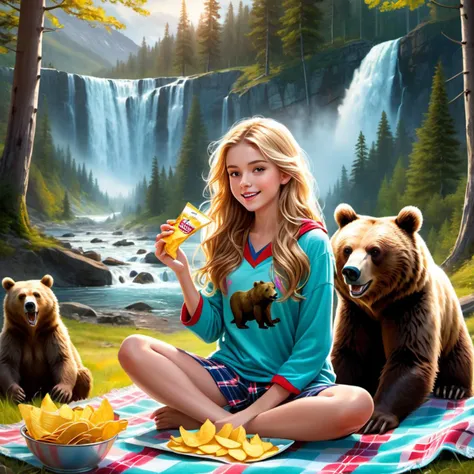 a pretty [12yo|14yo] girl, wavy long [gold blonde|ash blonde highlights|hazel] hair, [sea eyes|jasmine eyes|honey eyes], full body, forest with waterfall, eating chips, wearing a colourful pijama, sitting cross-legged on a picnic blanket, an evil grizzly bear runs toward the girl, hyper-detailed (realistic:2) photo, octane, diffused lighting