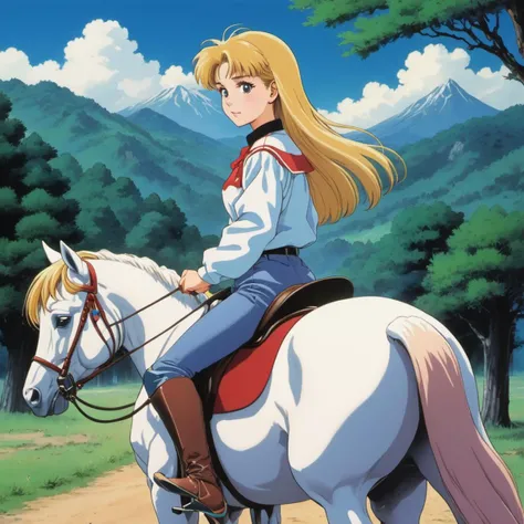 a pretty girl riding a horse, 90s anime