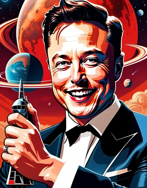 movie poster titled 'I own it!'. picture art image of Elon Musk holding Mars in his hand. Satisfied grin. epic fifties look. hyper-detailed masterpiece