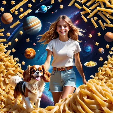 Hyper-detailed photo realistic image of a ((young teenage girl walking the dog)),(pretty girl smiling) walking with (Cavalier King Charles Spaniel dog), (in a small planet in deep space:1.4). (Pasta art), (((everything) is pasta and noodles)), (isometric 3d art of little planet), photorealistic 8k, dynamic contrast, diffused light.