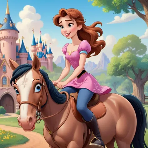 a pretty girl riding a horse, Disney cartoon