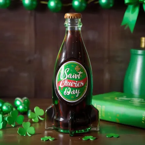 A photorealistic image celebrating Saint Patrick's Day featuring a glass bottle of cola. The bottle, adorned with a special green label commemorating the occasion, sits on a wooden table surrounded by festive decorations: clovers, green ribbons, and a hint of gold. The background subtly hints at a lively pub atmosphere, with soft, ambient lighting that gives a cozy, celebratory feel. Condensation beads on the bottle's surface, reflecting the lively spirit of Saint Patrick's Day, <lora:nukacolas:0.8>