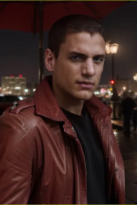 portrait, w3nm1l, handsome face, facial focus, stunning eyes, buzz cut, downtown at night, in a red leather jacket, overcast, rainy