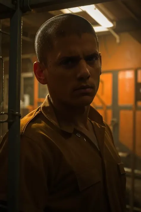 upper body portrait, w3nm1l, handsome man, facial focus, looking at viewer, piercing eyes, handsome, buzz cut, short hair, night photography, in an orange prison uniform, dogtags, in an alleyway at night, amateur, candid