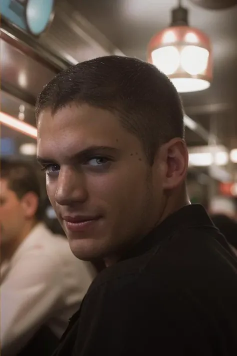 portrait, w3nm1l, handsome man, stunning eyes, upper body, short hair, buzz cut, in a retro diner at night, facial focus, amateur, candid