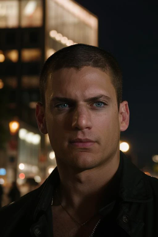 portrait, w3nm1l, handsome man, stunning eyes, serious, intense expression, upper body, short hair, buzz cut, standing downtown, night photography, amateur, candid