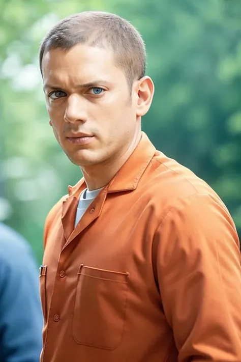 a man in orange (prison uniform), <lora:w3ntw0rthm1ll3r:1>, standing in a park, (serious face), people in the background, smiling:0.5, cinematic lighting, perfect day, highly detailed face, (amateur, candid), RAW, 8K, (close up)