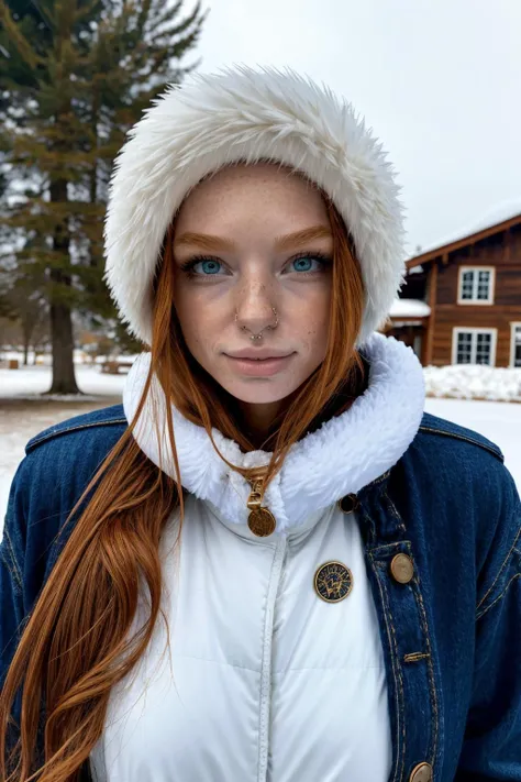 myfoxyland, a woman wearing winter clothes, snow, nose piercing <lora:myfoxyland:1>